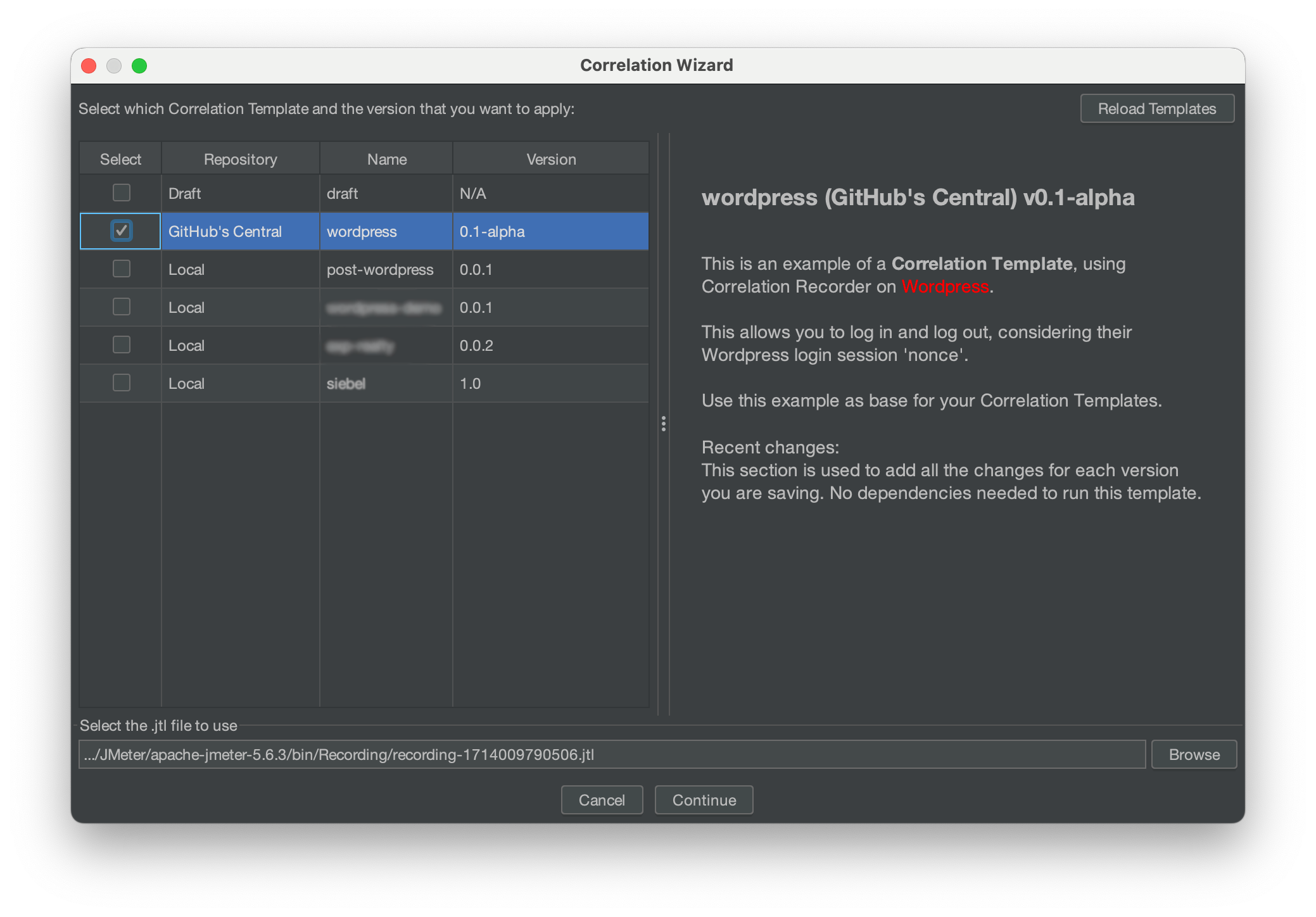 Select Correlation Templates